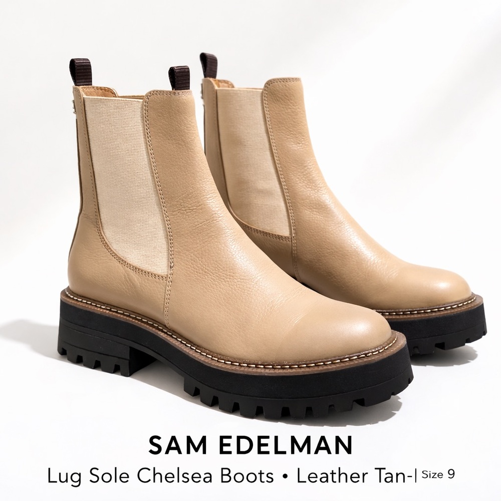 NEW 💥 SAM EDELMAN Lug Sole Chelsea Boots · Leather Tan · Platform · Size 9